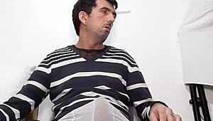 Watch this hot striptease as she rips off her long blouse, black see-through top, sexy white transparent panties, and blue shorts, revealing her huge 25cm throbbing cock squirting cum 😏🔥