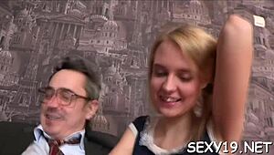 Honey chats about getting bent over for teacher's doggystyle drilling and blowjob action