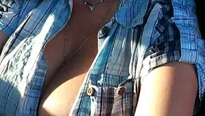 Horny latina driver flashing her big tits!