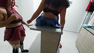 I invited my classmate for Halloween trick-or-treat and we ended up fucking my stepbrother in the kitchen without a condom.