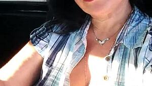 Horny latina driver flashing her big tits!