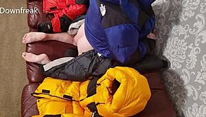 North Face Baltoro Leather Sofa Fun with Four Down Jackets Exploding!