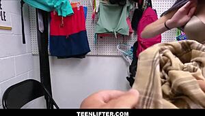 i skinny petite teen with big tits and tattoo getting strip searched by rusty nails after shoplifting, caught in pov with cock blowjob and orgasm