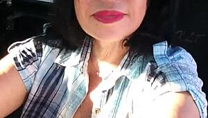 Horny latina driver flashing her big tits!