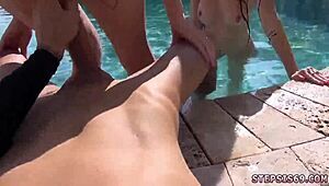 Blonde teen sucks threesome