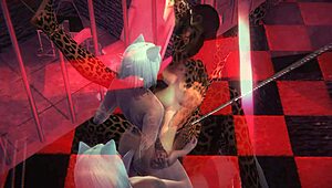 two leopard girls get fucked hard by tanuki in sex cage during furry hentai session