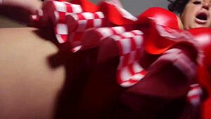 The slave licks her pussy, then gets strap-on fucked.