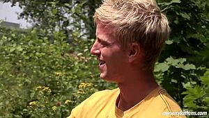 Shaved blonde teen sucks cock then gets fucked and jizzed outdoors