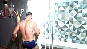 The maid surprises her boss in the bathroom for some taboo fun