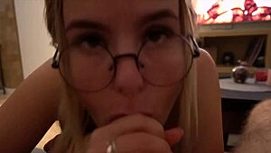 Cute teen nerd deepthroats cock and gets facial cumshot