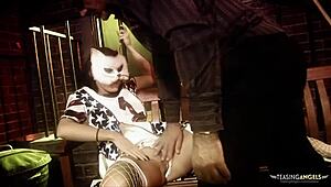 Horny brunette in kitty cosplay devours huge cock