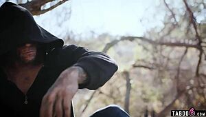 Homeless brunette voyeur watches interracial couple fuck hardcore