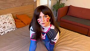 cosplay d va deepthroats sloppy and cums on face