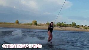 Christine Ash waterskis in the USA with big tits
