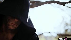 Homeless brunette voyeur watches interracial couple fuck hardcore