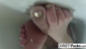 christy mack bathes solo in makeup room, masturbating with big tits