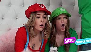 Mario dudes swap stepsisters in wild cosplay. Chanel Camryn and Mazy Myers get freaky.