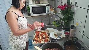sarah rosa cooks sexy eggplant parmigiana in kitchen