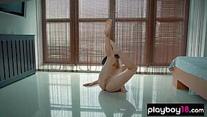 this ukrainian blonde strips and poses her shaved ass solo