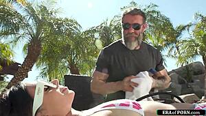 An 18yo babe gets fucked outdoors by an older guy.