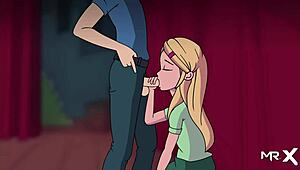 blowjob scene before the show in camppinewood cartoon style