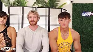 Tan guy with sexy nipples bangs a blonde dude and petite babe.