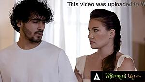 Alison Rey's first FFM threesome with boyfriend's stepmom guiding her to fuck
