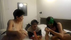 perla has fun with her trans friend, giving blowjob and anal while husband watches the cumshot.