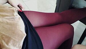 Blonde in Pantyhose Gives Handjob at Dinner Table