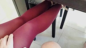 Blonde in Pantyhose Gives Handjob at Dinner Table