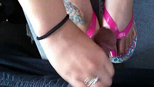 Jessica Gives Footjob Handjob Cumshot in Flip Flops