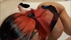 girl gives blowjob while masturbating to squirting