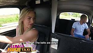 Horny blonde's big tits bounce in dirty cab sex. Watch her ride hard!