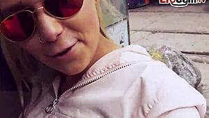 In a public bar, a busty blonde German teen meets for passionate encounters