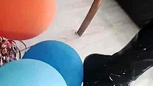 Veve Pops Balloons in Latex Stockings with Sharp Needle