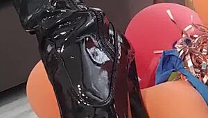 Veve Pops Balloons in Latex Stockings with Sharp Needle