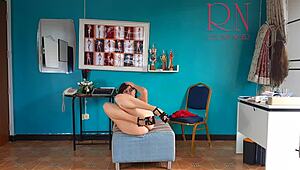 Wow, naked secretary stripping in red corset at office!