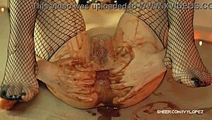 Whoa, check this intense anal chocolate play with huge dildo and fishnet teen! 😍