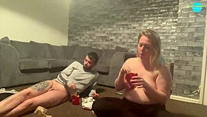 Topless Girl Devours Shaved Pussy While Eating Take-Away!