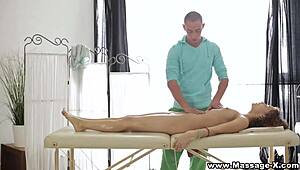 Caroline enjoys loud massage on oiled table