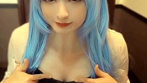 mysterious blue-haired crossdresser films a personal solo session