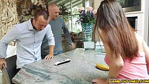 Chad blindfolds Lily Jordan and feeds her thick cock in a threesome.