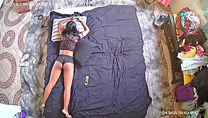 Camera prank catches young slut lying after bath fucking