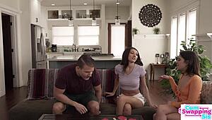 Stepsis lets stepbrother suck her shaved tits in cowgirl