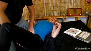 Girl feels intense orgasm as guyfriend fingers and plows her trimmed pussy