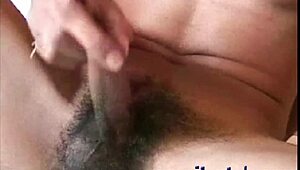 Ladyboy with small hairy dick pleasures herself to cum