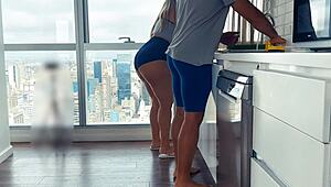 latina maid sucks cock and gets fucked in kitchen doggystyle