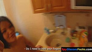 Raven-haired babe gets pussybanged doggystyle in hidden cam pov pickup with perky tits