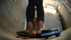 Ms. Montana gives a femdom massage in pantyhose, stepping on little bugs with her huge feet