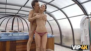 Skinny pornstar strips down to get drilled by older lover in VIP4K scene.
